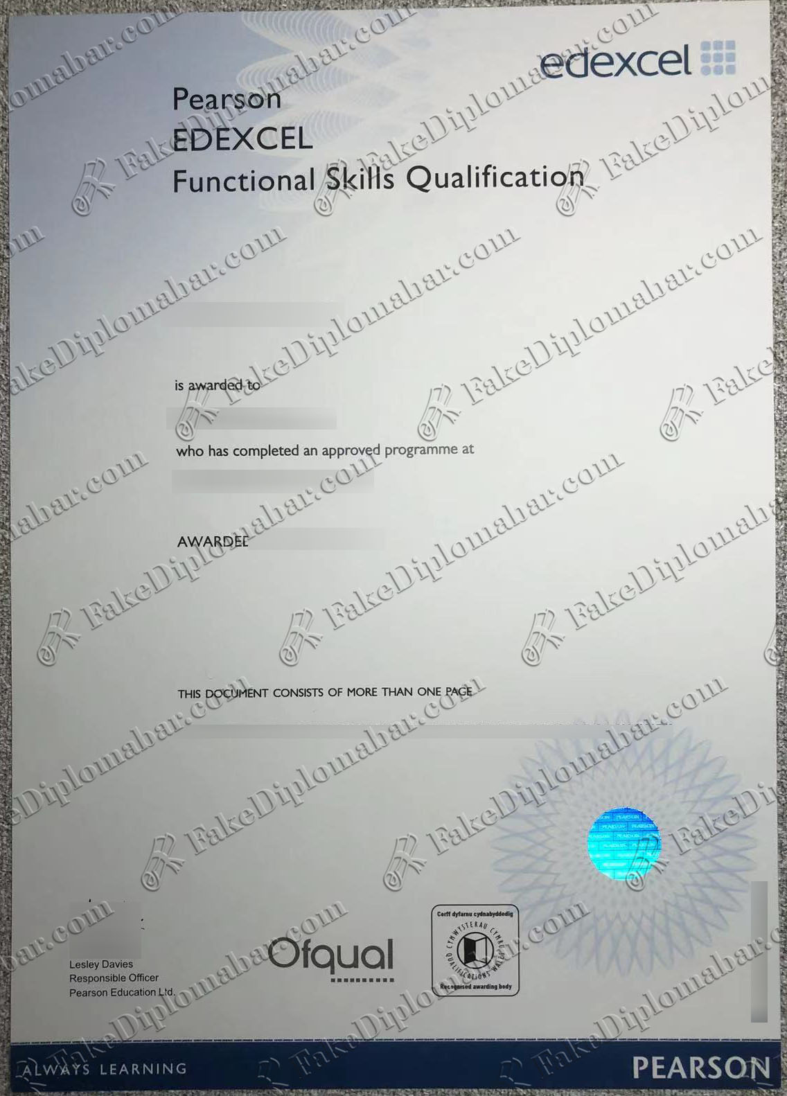 Pearson Edexcel GCSE certificate